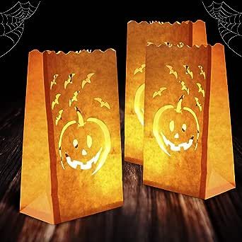 Homemory 24 Pack Halloween Luminary Bags, Flame Resistant Luminaries, Orange Tea Light Candle Bags for Halloween Decoration, Parties, Fall Festival